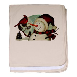 snowman wearing scarf with cardinal christmas baby blankets 