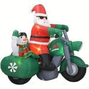 gemmy inflatable santa on motorcycle with snowman in sidecar